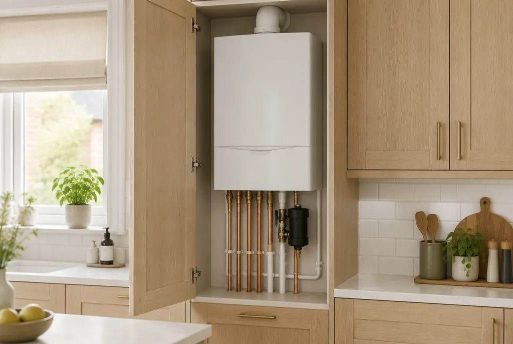 A combi boiler fitted in a kitchen cupboard
